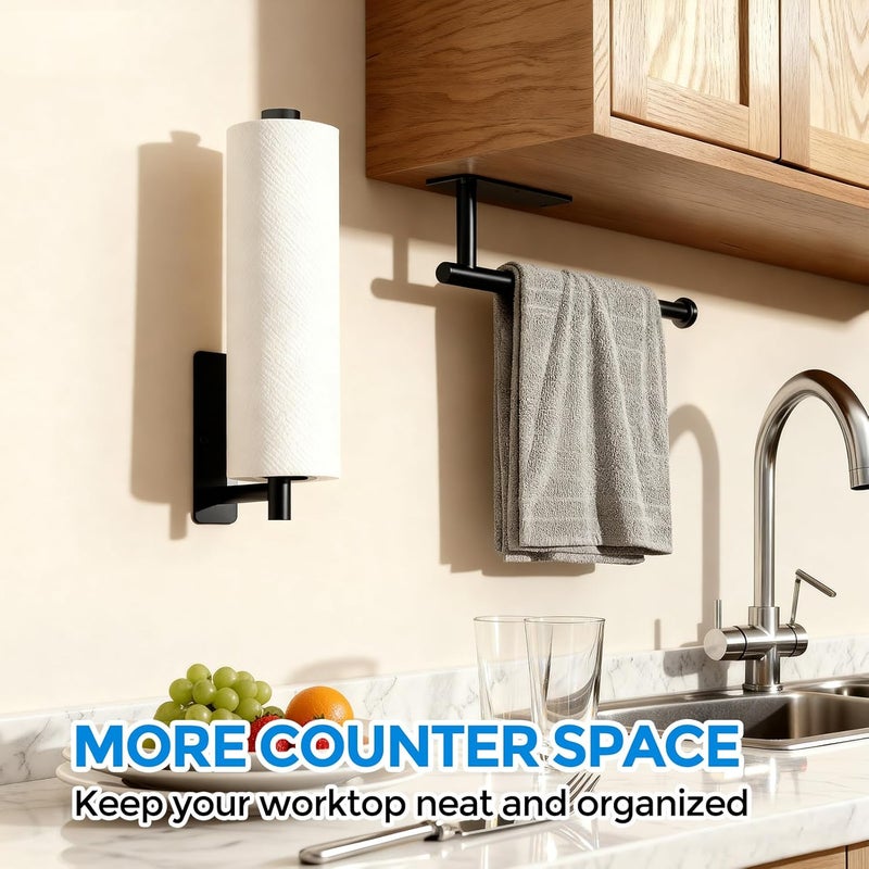 zaa Paper Towel Holder - 2 Pack Under Cabinet Paper Towel Holder, Fits Mega Paper Towel Rolls, Wall Mount Rack for Kitchen, Bathroom, RV, Adhesive or Screw Installation, Black - Image 2